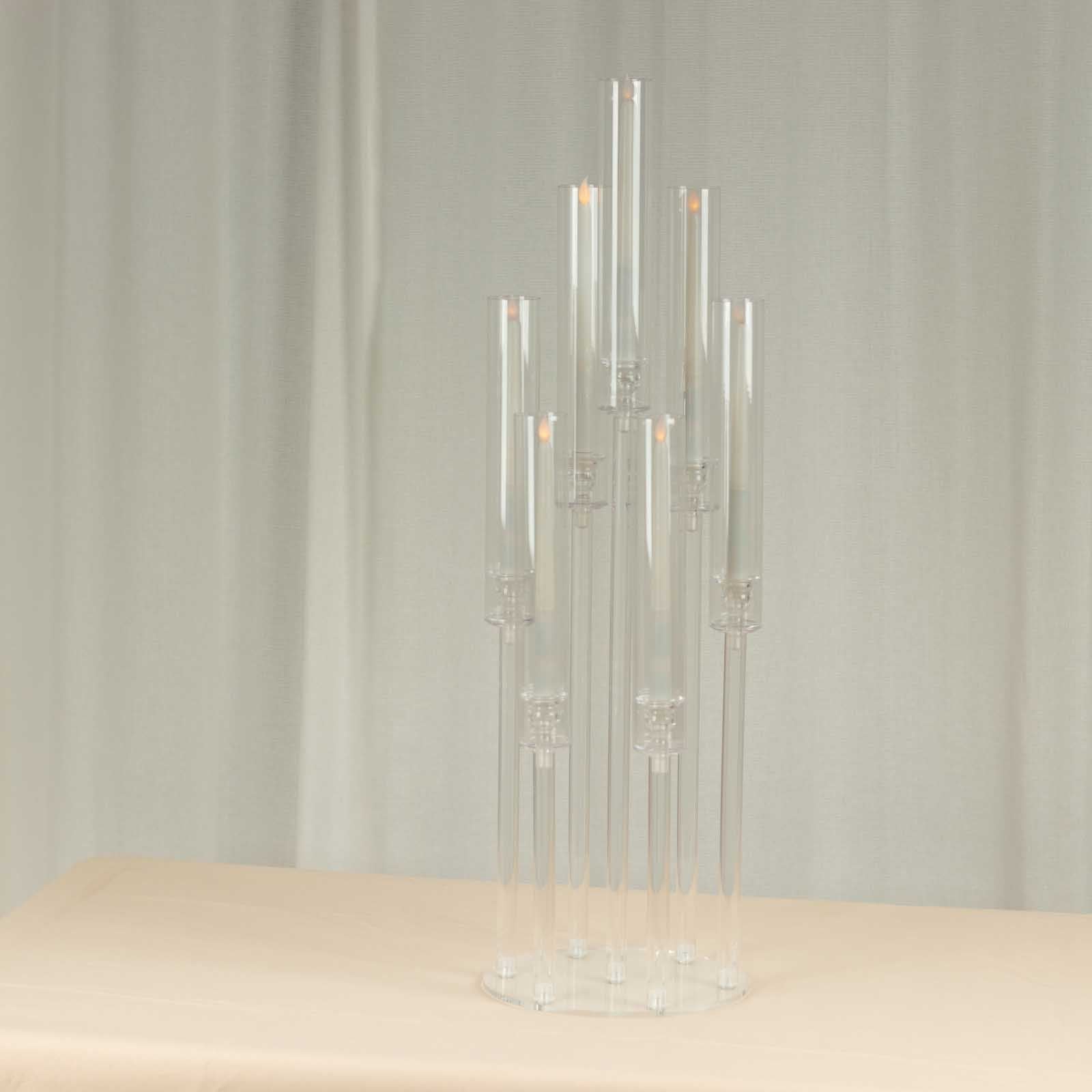 7 Arm Clear Acrylic Cluster Round Taper Candle Holder Candelabra, Pillar Candle Stick Stand With Circular Base - 33