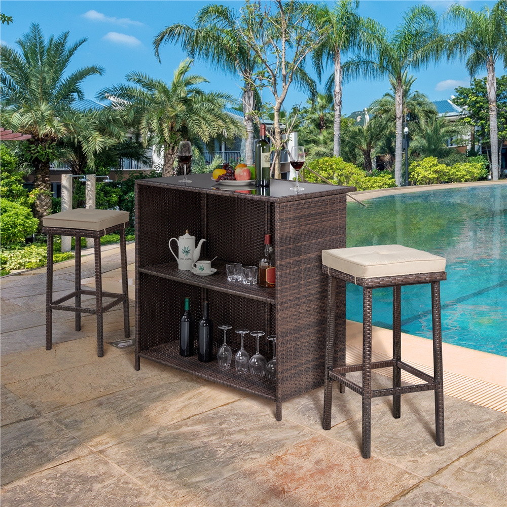 Easyfashion 3-Piece Outdoor Rattan Wicker Bar Set， Brown