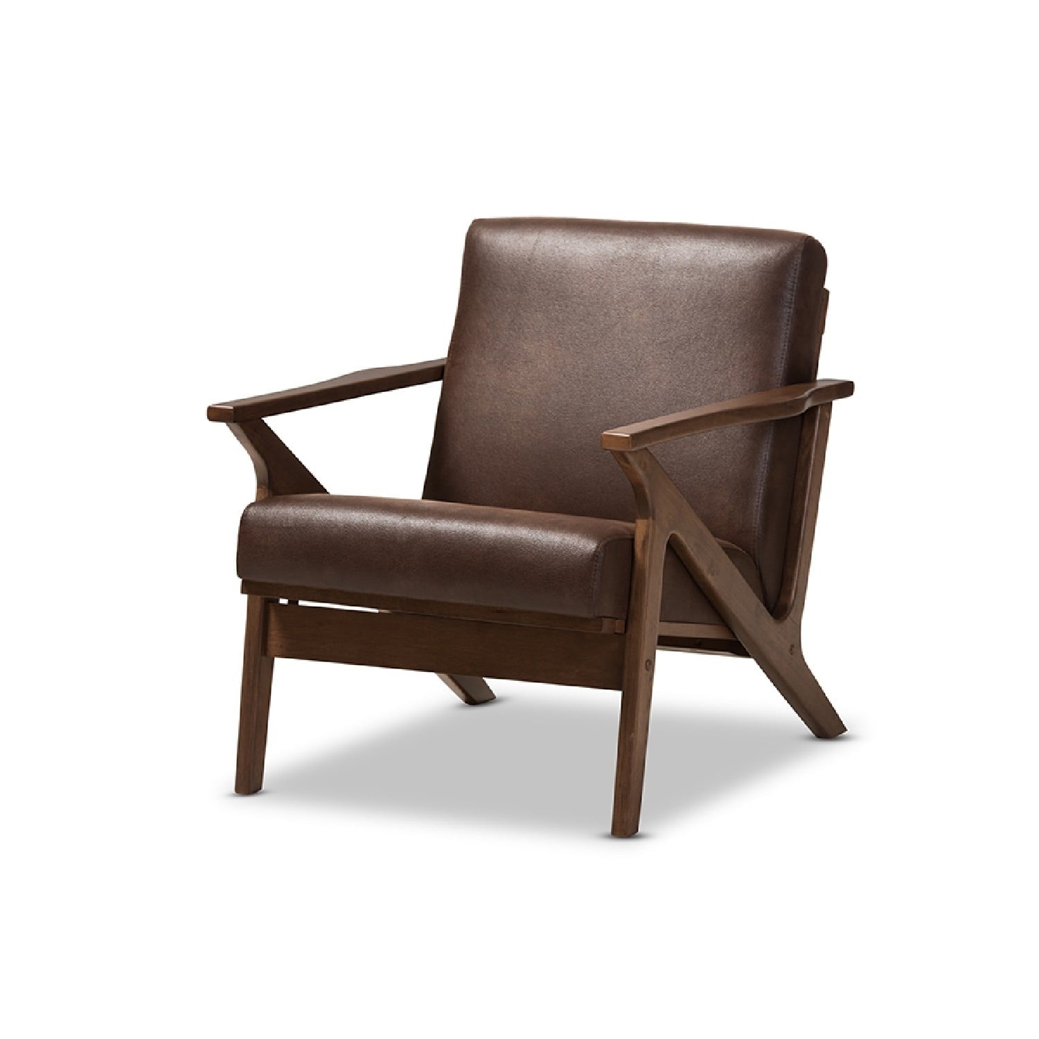 Baxton Studio Bianca Mid-Century Modern Walnut Wood Dark Brown Distressed Faux Leather Lounge Chair