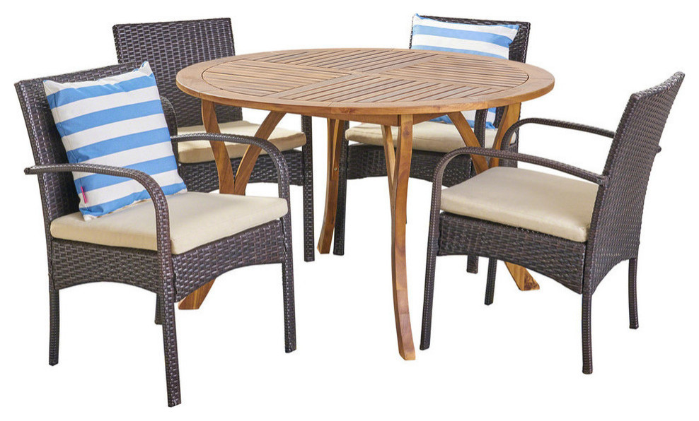 GDF Studio 5 Piece Jaden Outdoor Acacia and Wicker Dining Set  Teak/Multi Brown   Tropical   Outdoor Dining Sets   by GDFStudio  Houzz