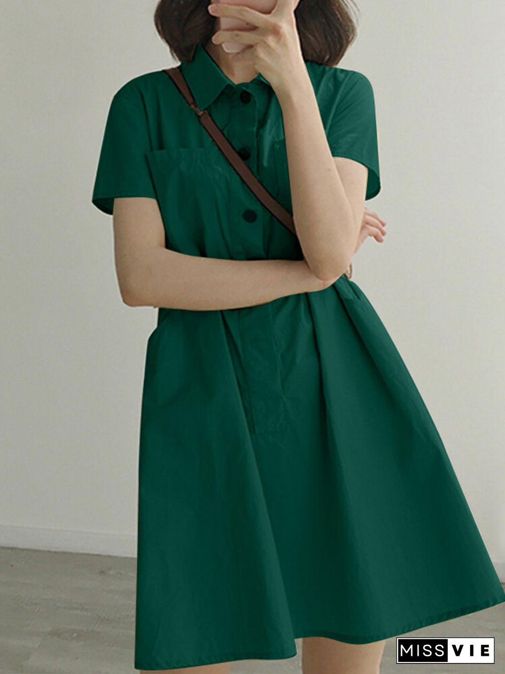 Solid Color Short Sleeve Pockets Lapel Casual Dresses