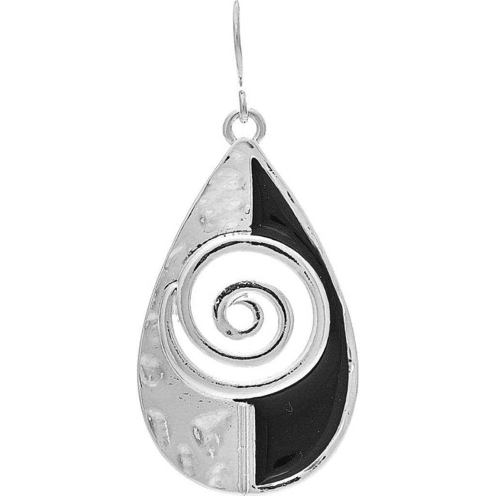 Rain  Silver Black Inlay Swirl Teardrop Earrings