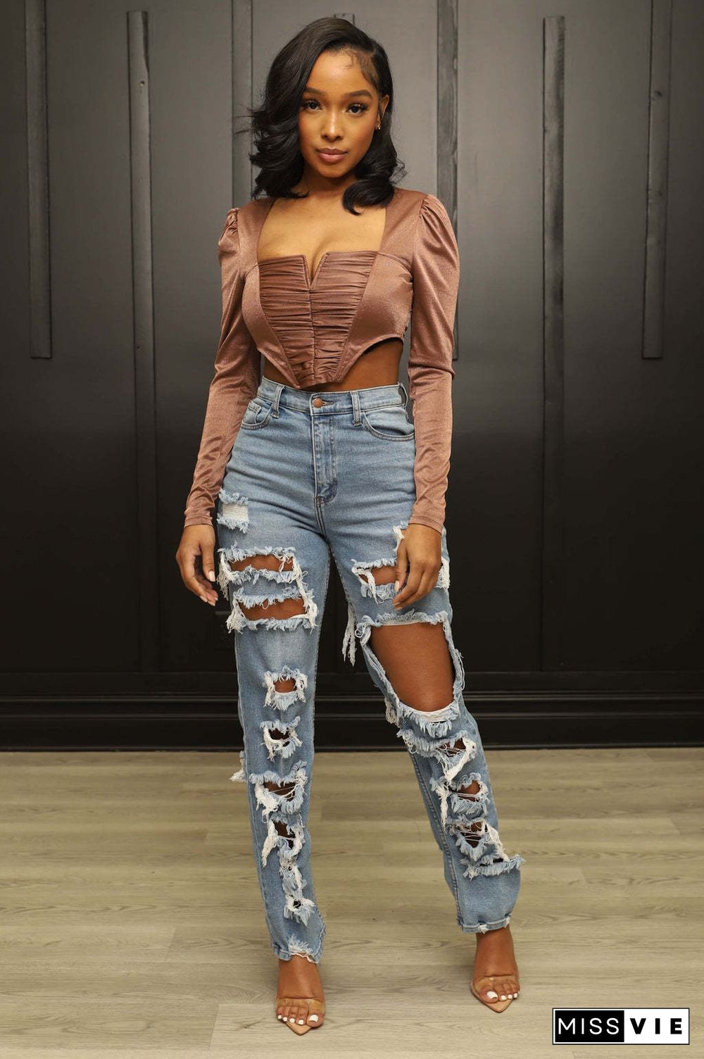 High Waist Streetwear Ripped Hole Jeans Pants