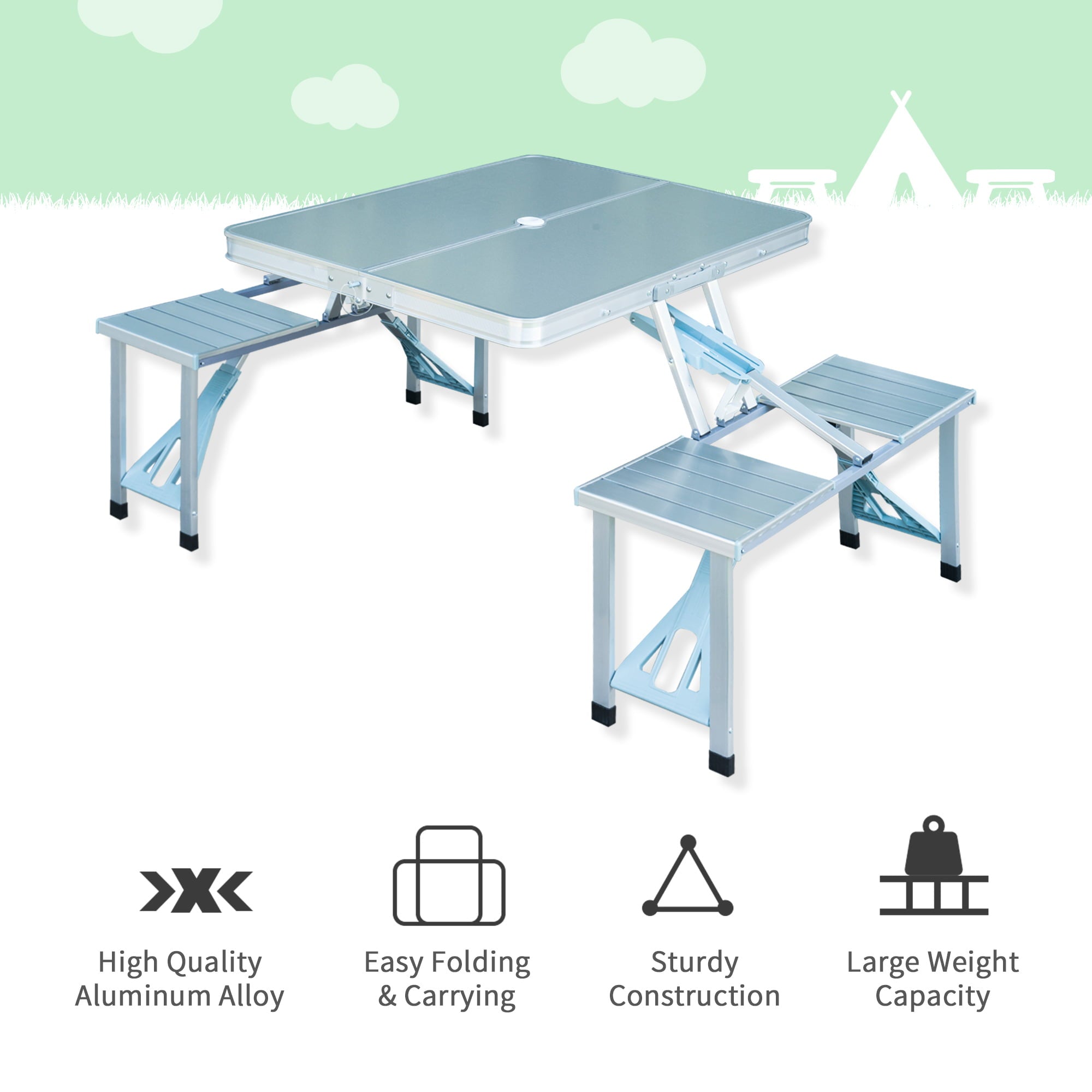 Suzicca New Outdoor Portable Folding Aluminum Picnic Table 4 Seats Chairs Camping wCase