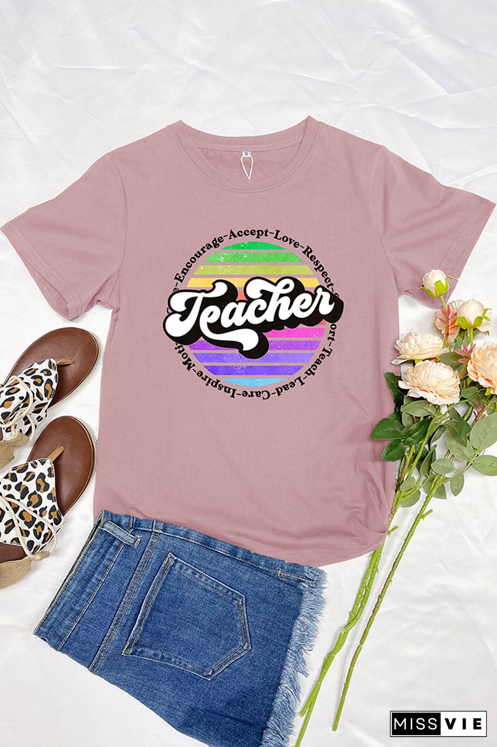 Colorful Teacher Retro Circle Short Sleeve Graphic Tee Wholesale