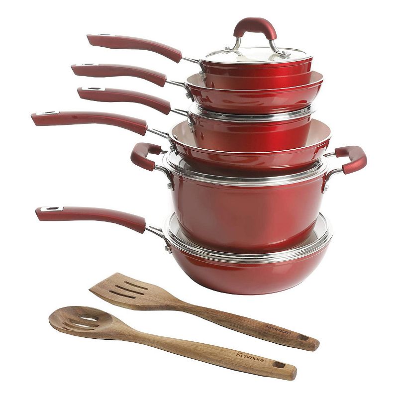 Kenmore Arlington 12 Piece Aluminum Non Stick Frying Pot and Pan Cookware Set， Red