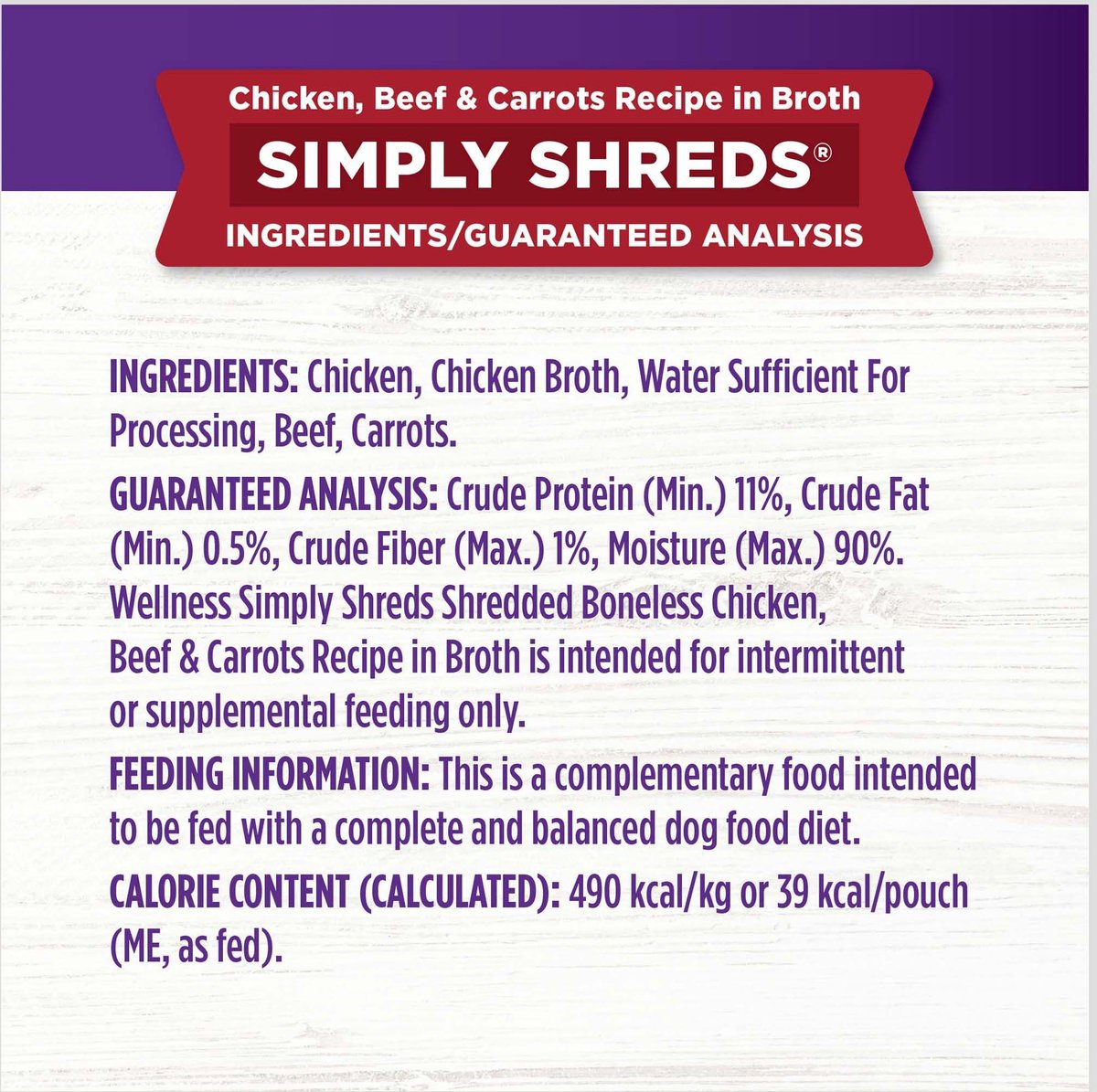 Wellness Bowl Boosters Simply Shreds Chicken， Beef and Carrots Natural Grain Free Wet Dog Food Mixer or Topper， 2.8-oz pouch， case of 12