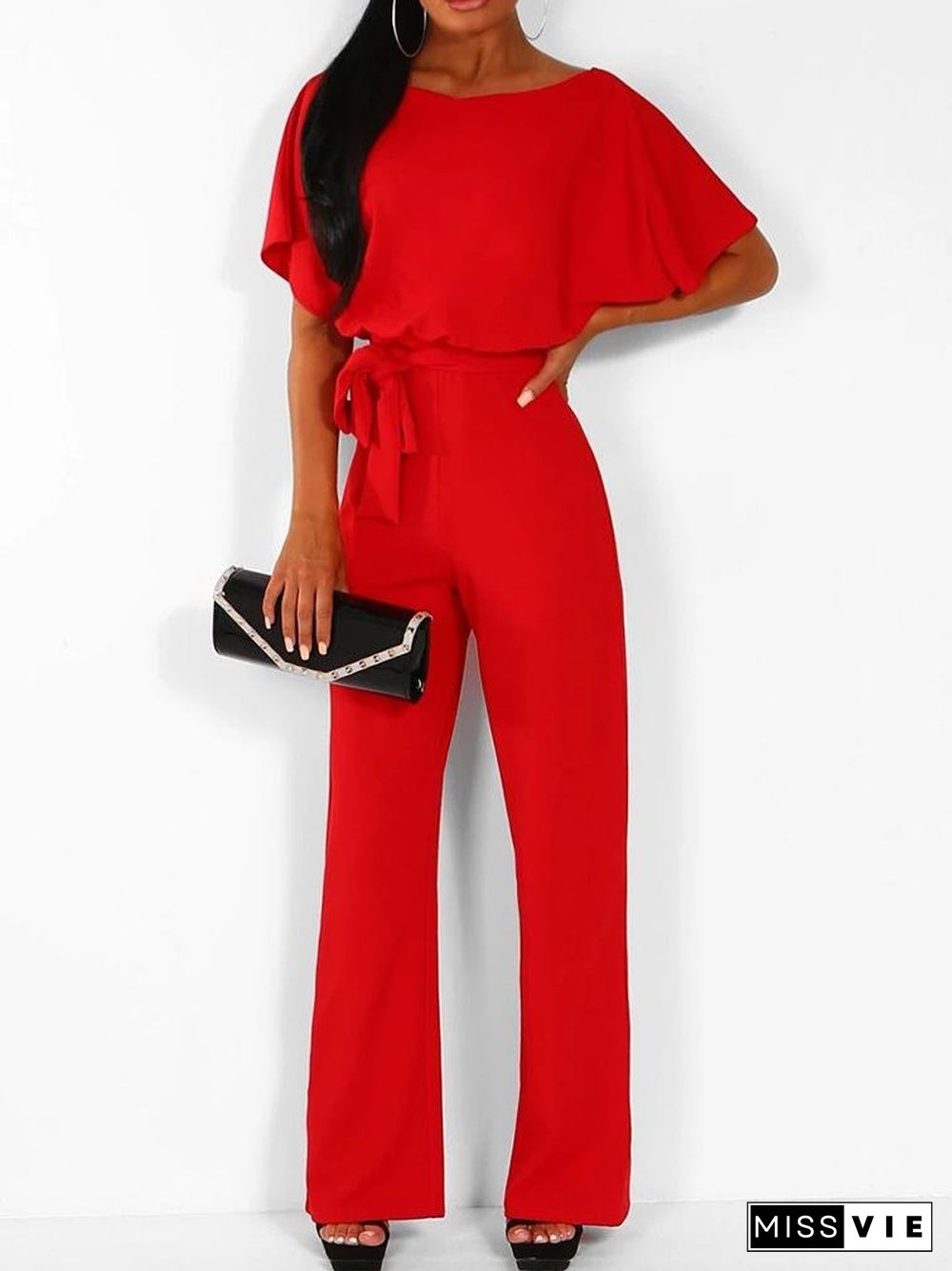 Solid Lace-up Short-sleeved Women's Jumpsuit