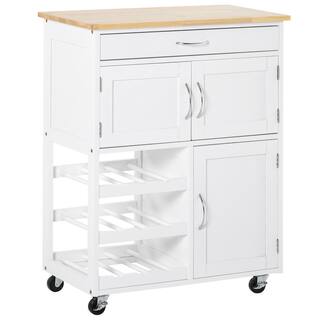 HOMCOM Kitchen Island On Wheels Rolling Kitchen Cart with Drawer 9-Bottle Wine Rack Storage Cabinets White 801-179