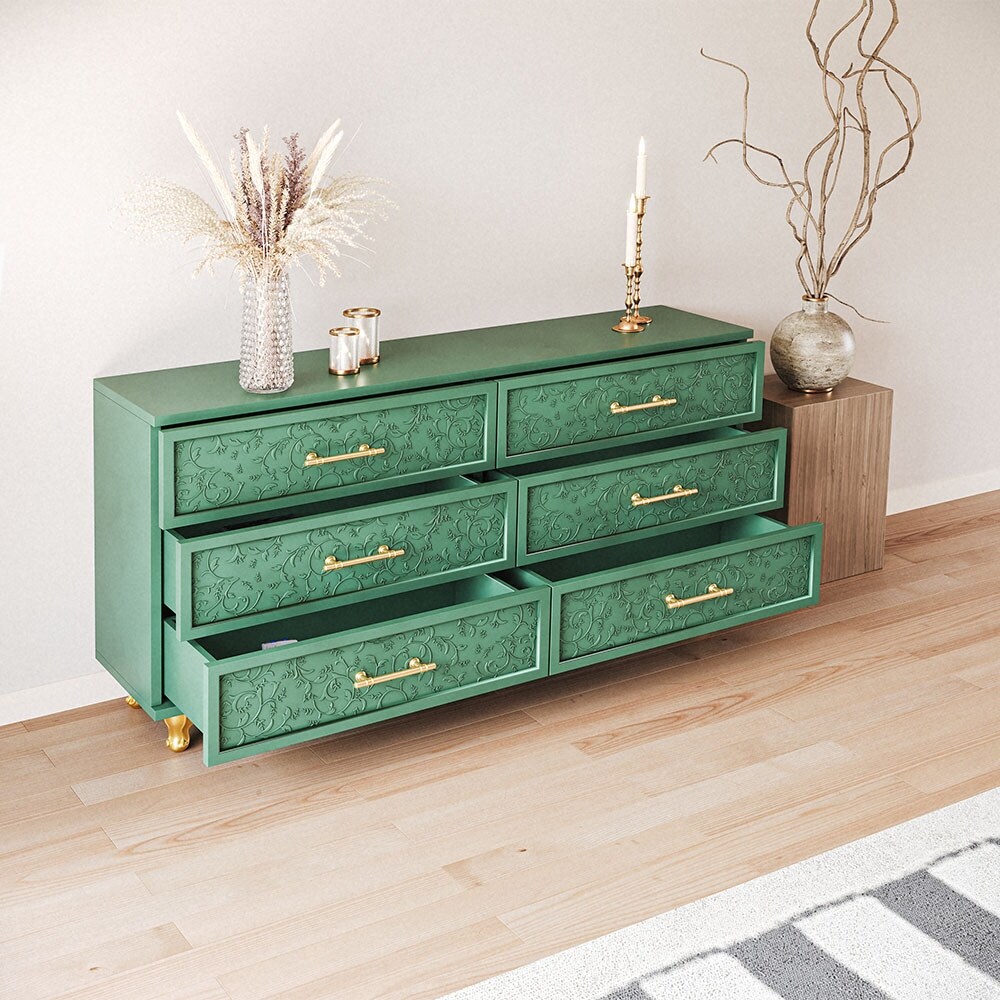 Moasis Handcrafted Embossed 6 Drawer Dresser with Solid Wood Legs