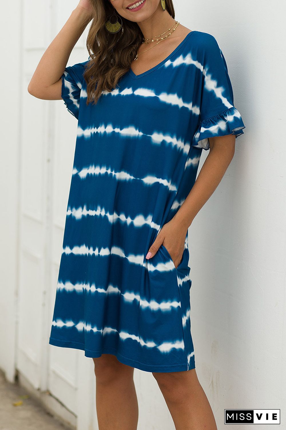 Casual Print Split Joint V Neck Straight Dresses