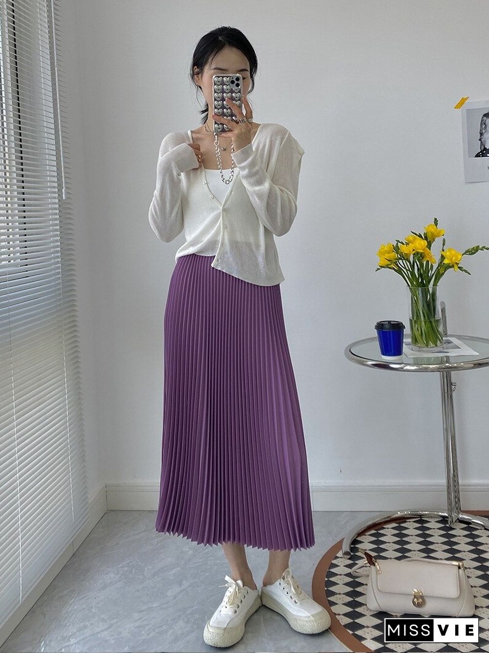 Vintage Solid Elastic Waist Pleated Skirt For Women Summer Skirt New Casual Folds Draped High Waist Slim A-line Long Skirt