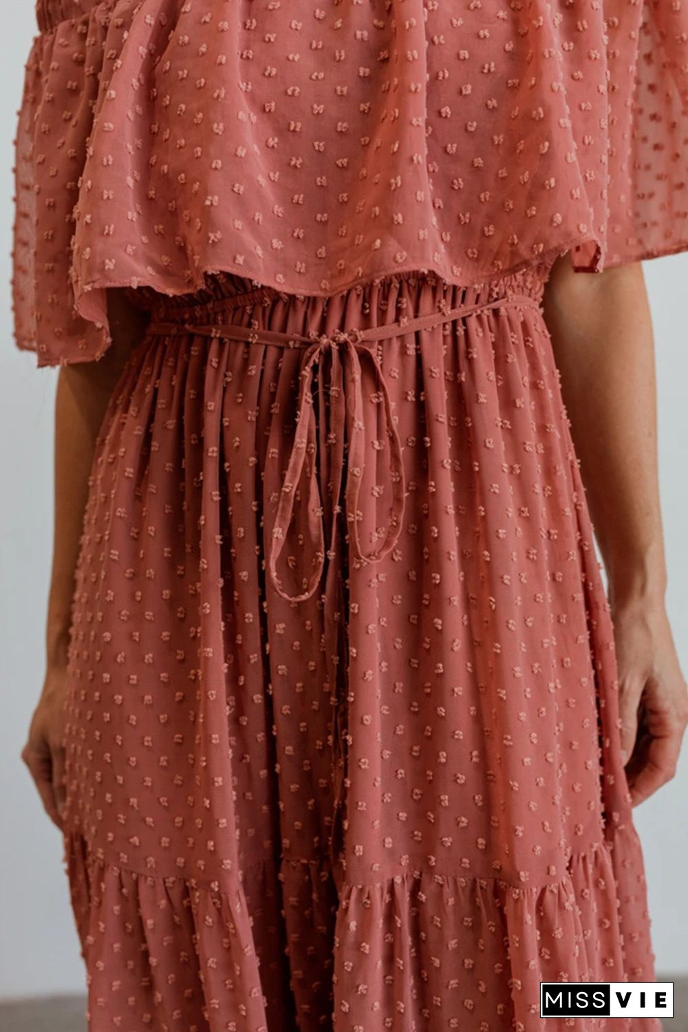 Rust Red Off Shoulder Ruffle Swiss Dot Maxi Dress