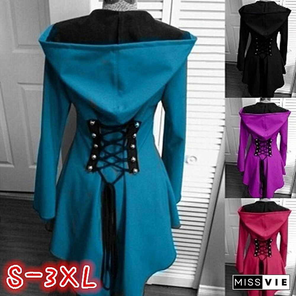 Punk Worsted Hooded Jacket for Women Fashion Steampunk Gothic Long Sleeve Coat Stitching Ladies Black Overcoat Plus Size S-3XL