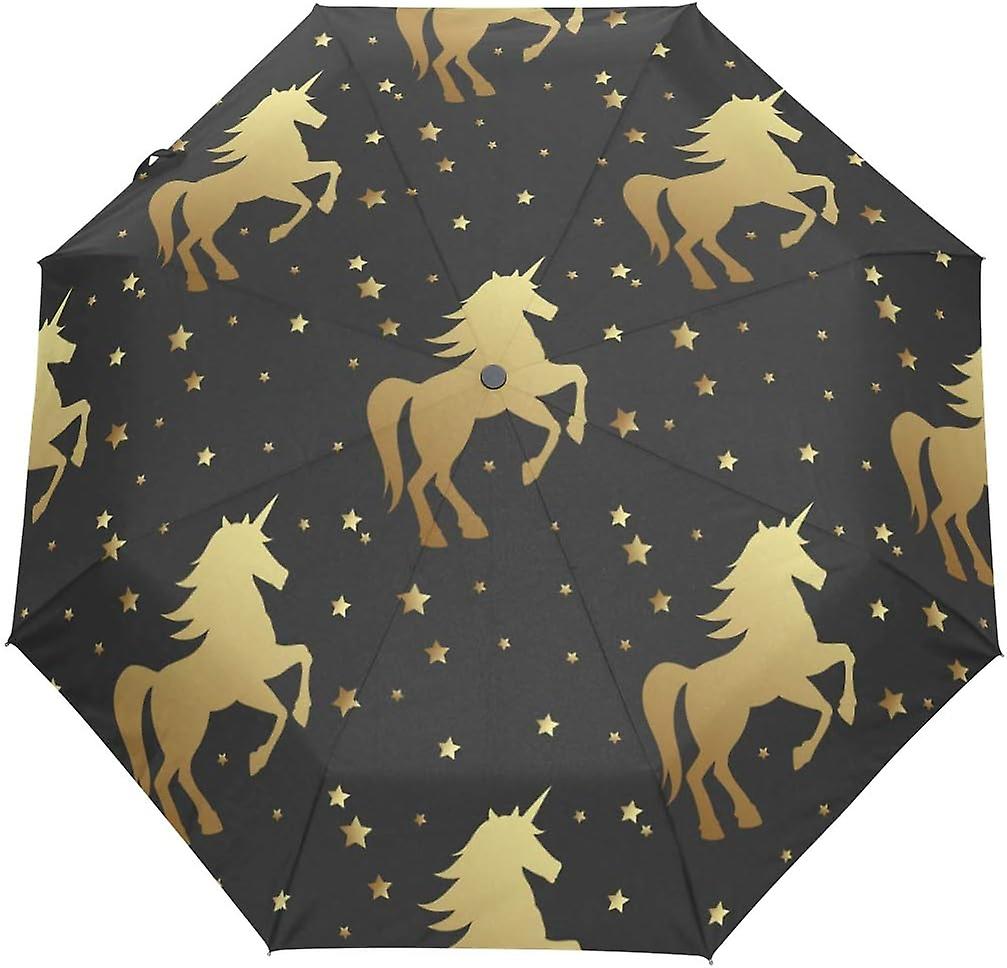 Travel Umbrella Automatic Windproof Foldable Umbrella Golden Unicorn Silhouette