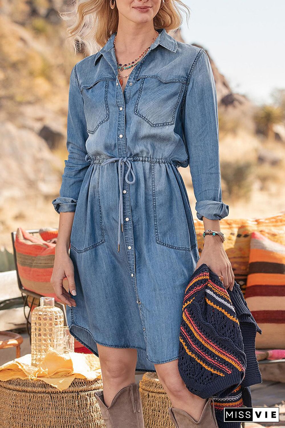 Washed Blue Open Button Drawstring Denim Dress