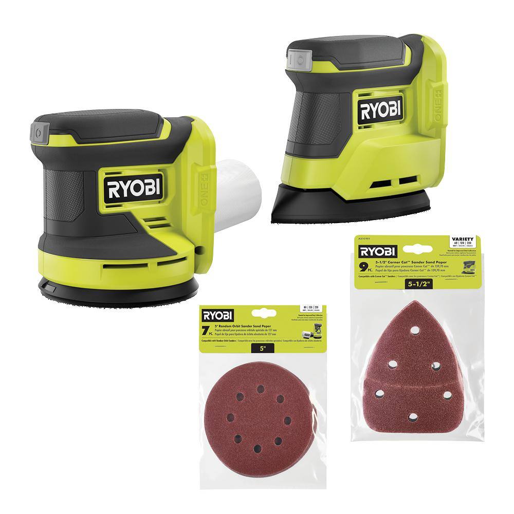 RYOBI ONE+ 18V Cordless 2-Tool Combo Kit w Random Orbit Sander and Corner Cat Finish Sander (Tools Only) w Sandpaper PCL406B-PCL416B-A21C901-A21701