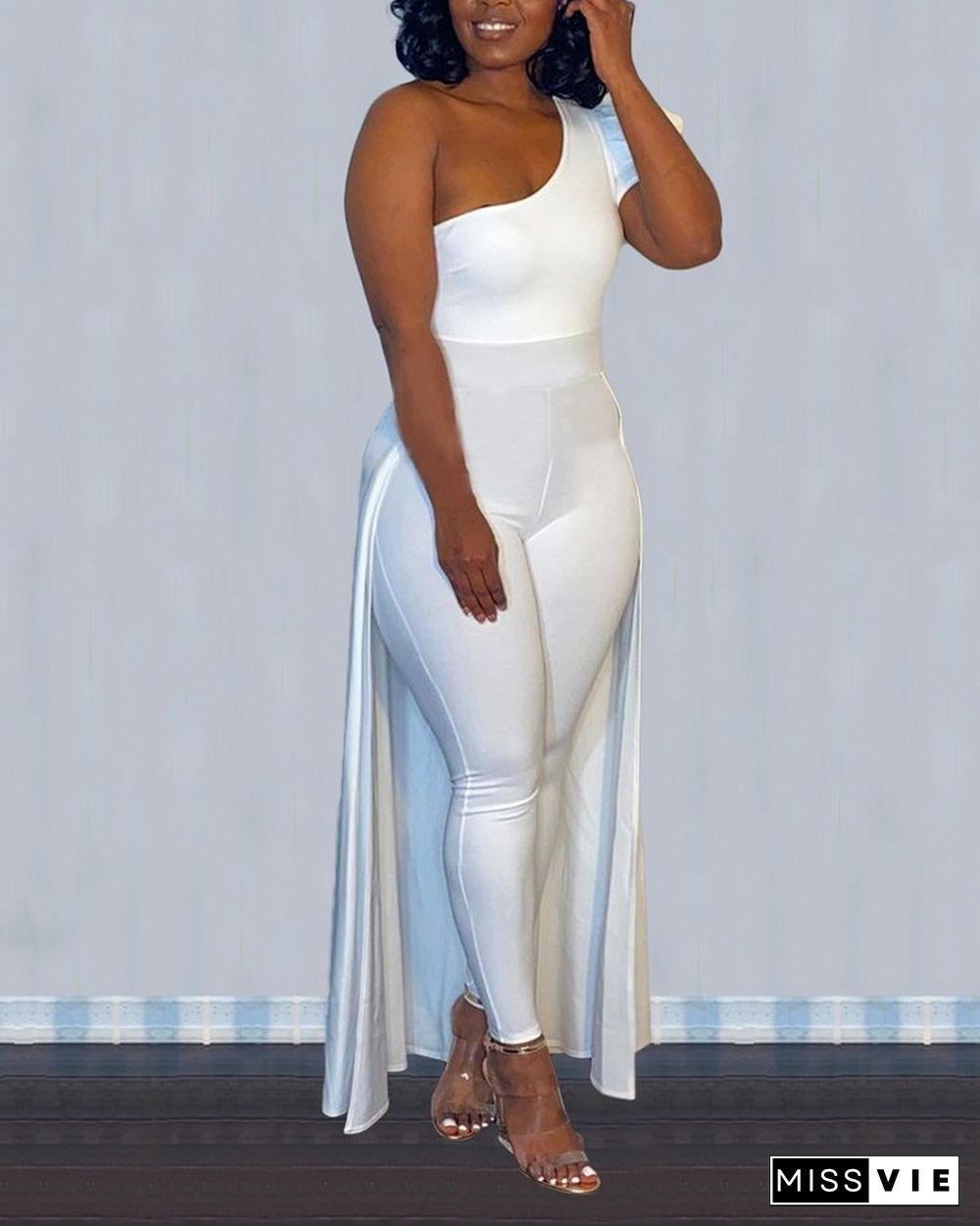 Solid Color One Shoulder Jumpsuit With Skirt