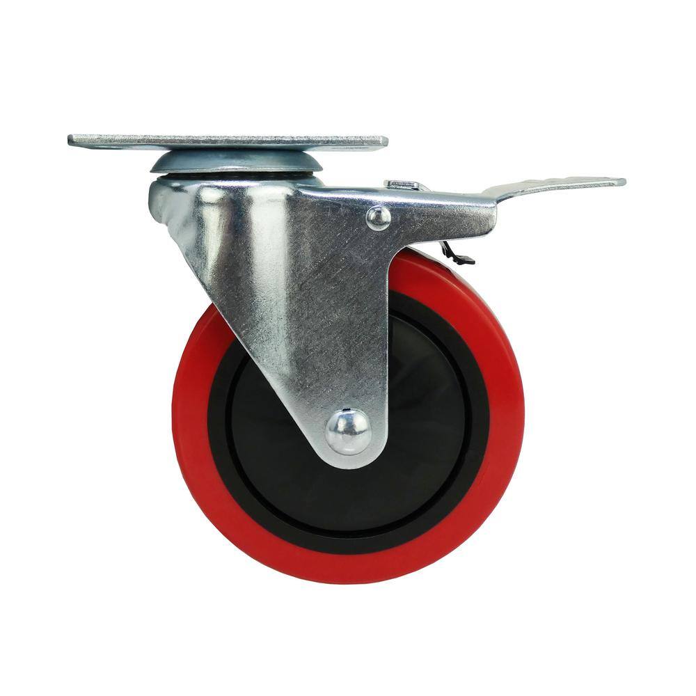 Everbilt 5 in. Red Polyurethane and Steel Swivel Plate Caster with Locking Brake and 330 lbs. Load Rating 4120945EB