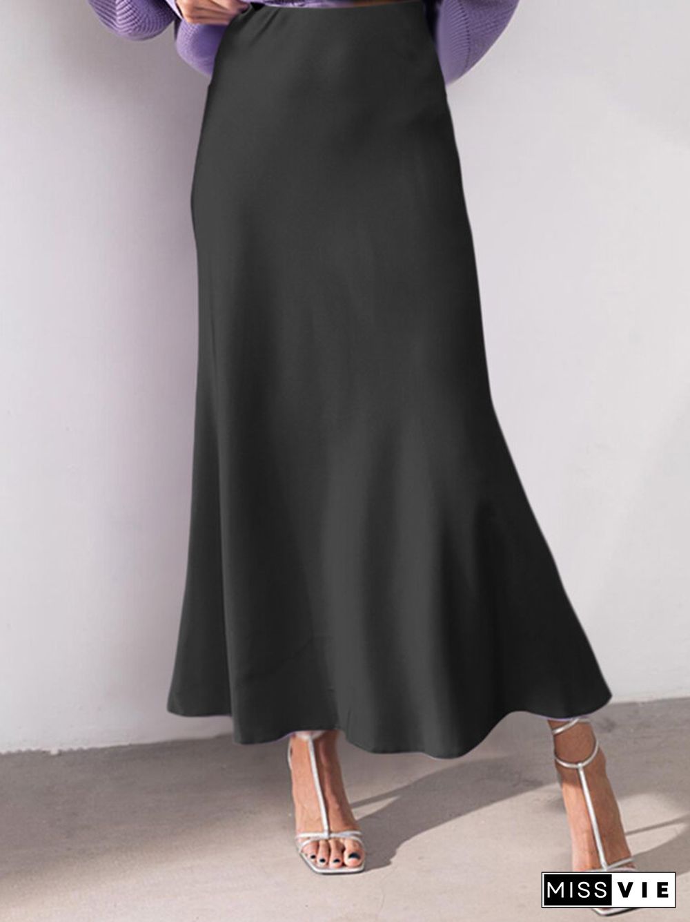 Solid Color Ruched Ankle Length High Waist Skirt