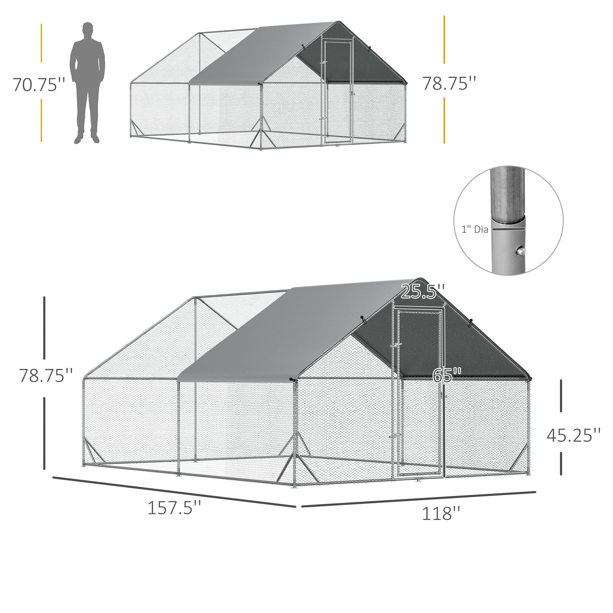 PawHut Large Metal Chicken Coop， Walk-in Poultry Cage Galvanized Hen Playpen House with Cover and Lockable Door for Outdoor， Backyard Farm， 10' x 13' x 6.5'， Silver