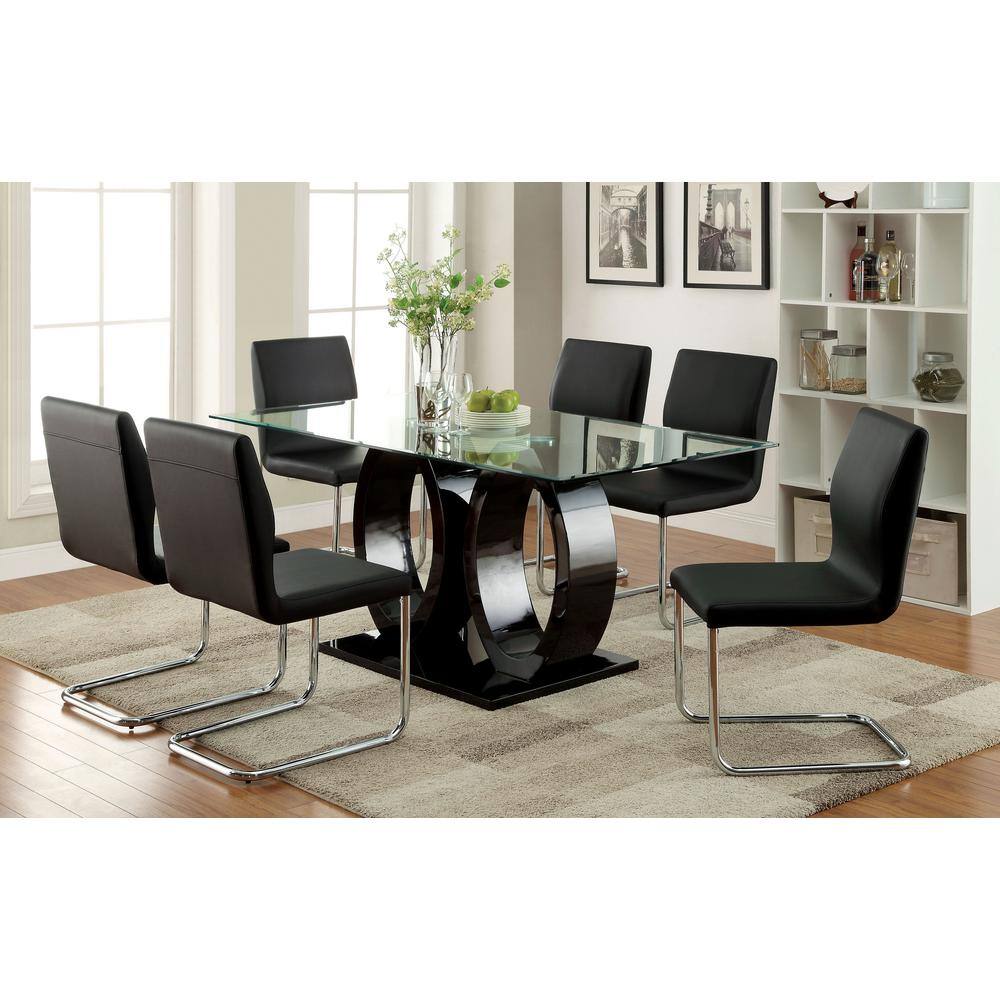 Furniture of America Apollina 7-Piece Rectangle Black and Chrome Glass Top Dining Set IDF3825BKT7PC