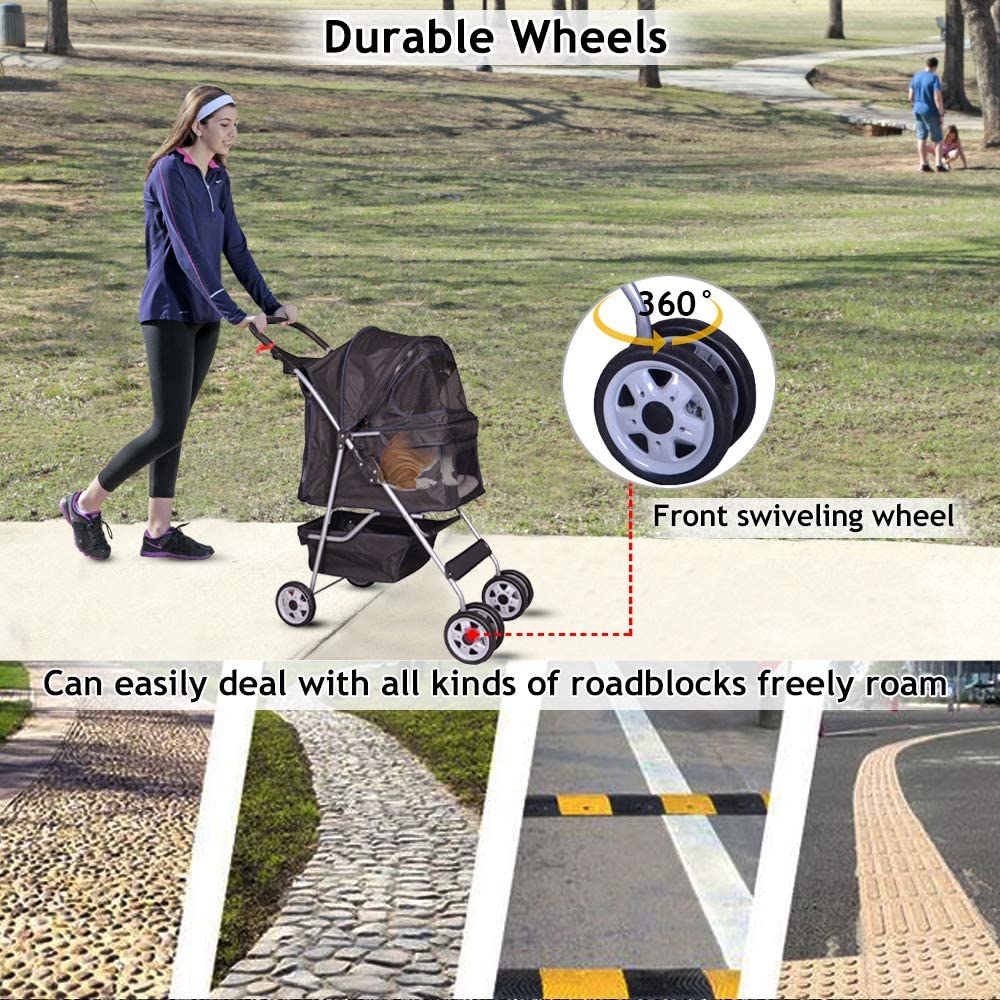 Dkelincs 4 Wheels Folding Dog Stroller for Medium Cats and Dogs with Cup Holder， Black