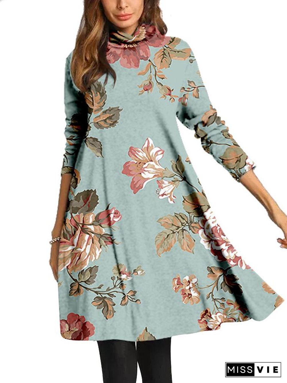 Women Long Sleeve Scoop Neck Printed Midi Dress