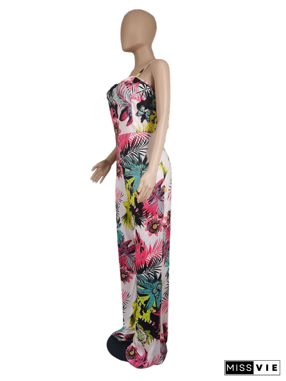 Plus Size Floral Print Sleeveless Wide Leg Jumpsuit