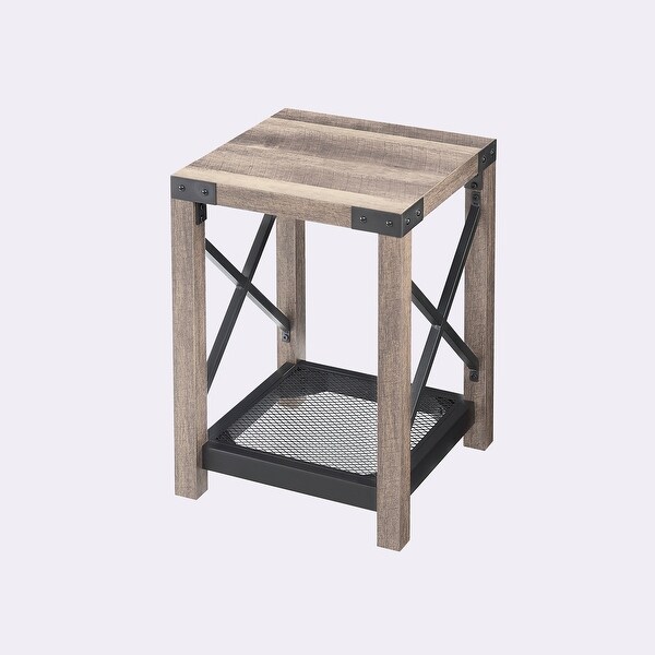 Farmhouse Wood Side Table with Mesh Shelf