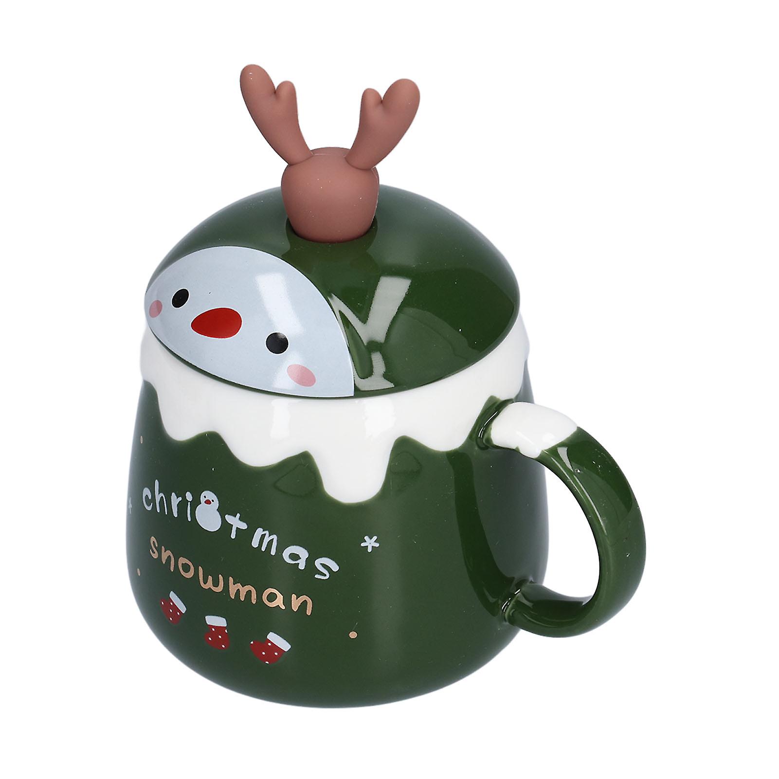 450ml Christmas Cup Cute Elk Coffee Mug Ceramic Tea Milk Cup with Lid Spoon for OfficeType D Green