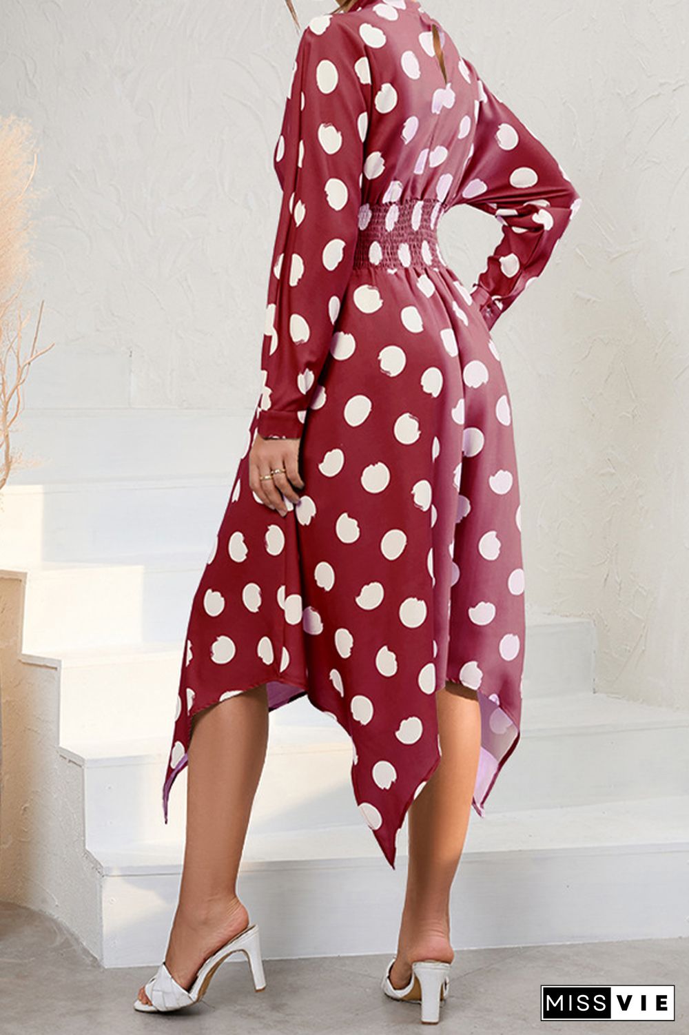 Long Sleeve High Waist Polka Dot Dress