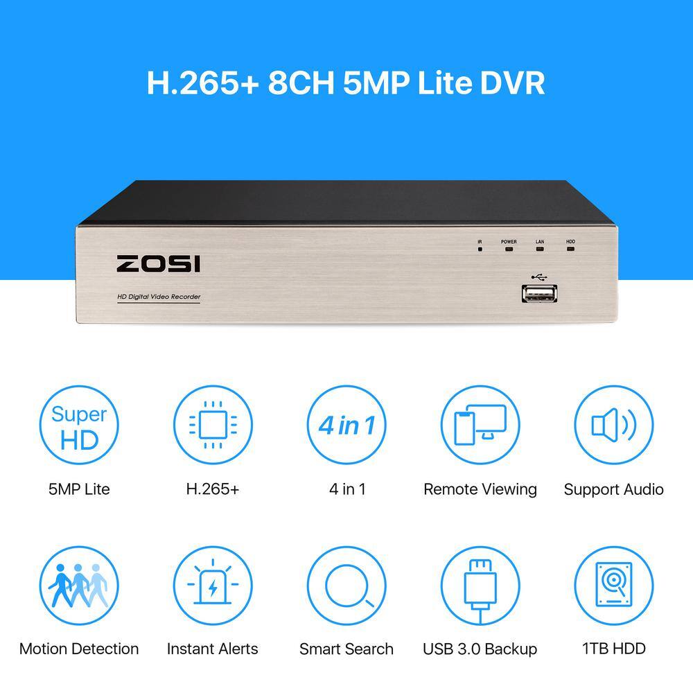 ZOSI H.265 Plus 8-Channel 5MP-LITE DVR 1TB Hard Drive Security Camera System with 6X 1080P Wired Bullet Cameras 8VN-106B6S-10-US-A2