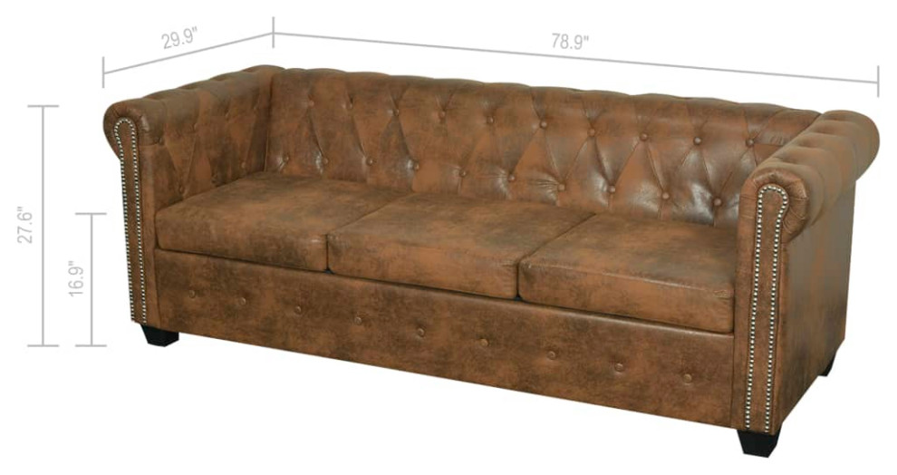 vidaXL Sofa 3 Seater Couch Settee Furniture with Tufted Arms Brown Faux Leather   Sofas And Sectionals   by VirVentures  Houzz