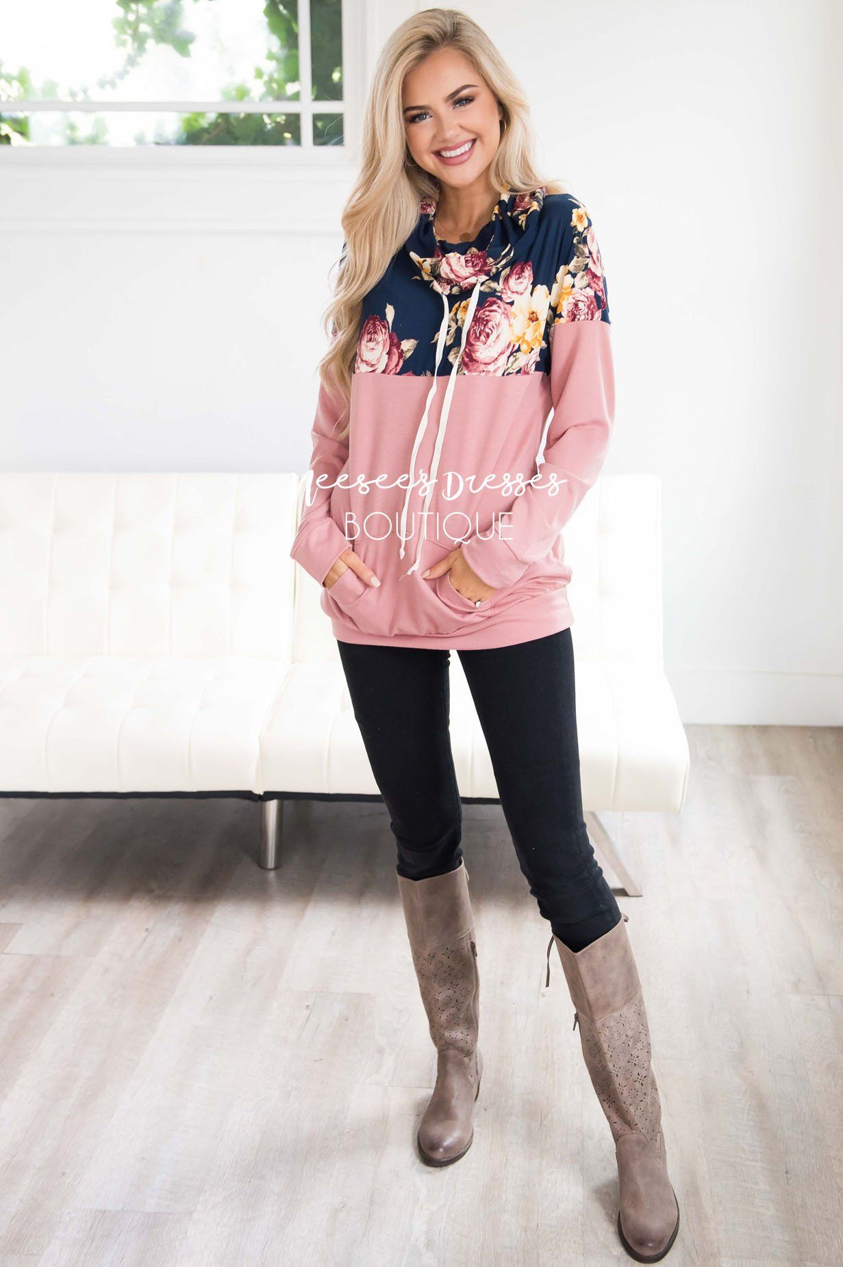 Floral Top Pink Cowl Neck Sweater