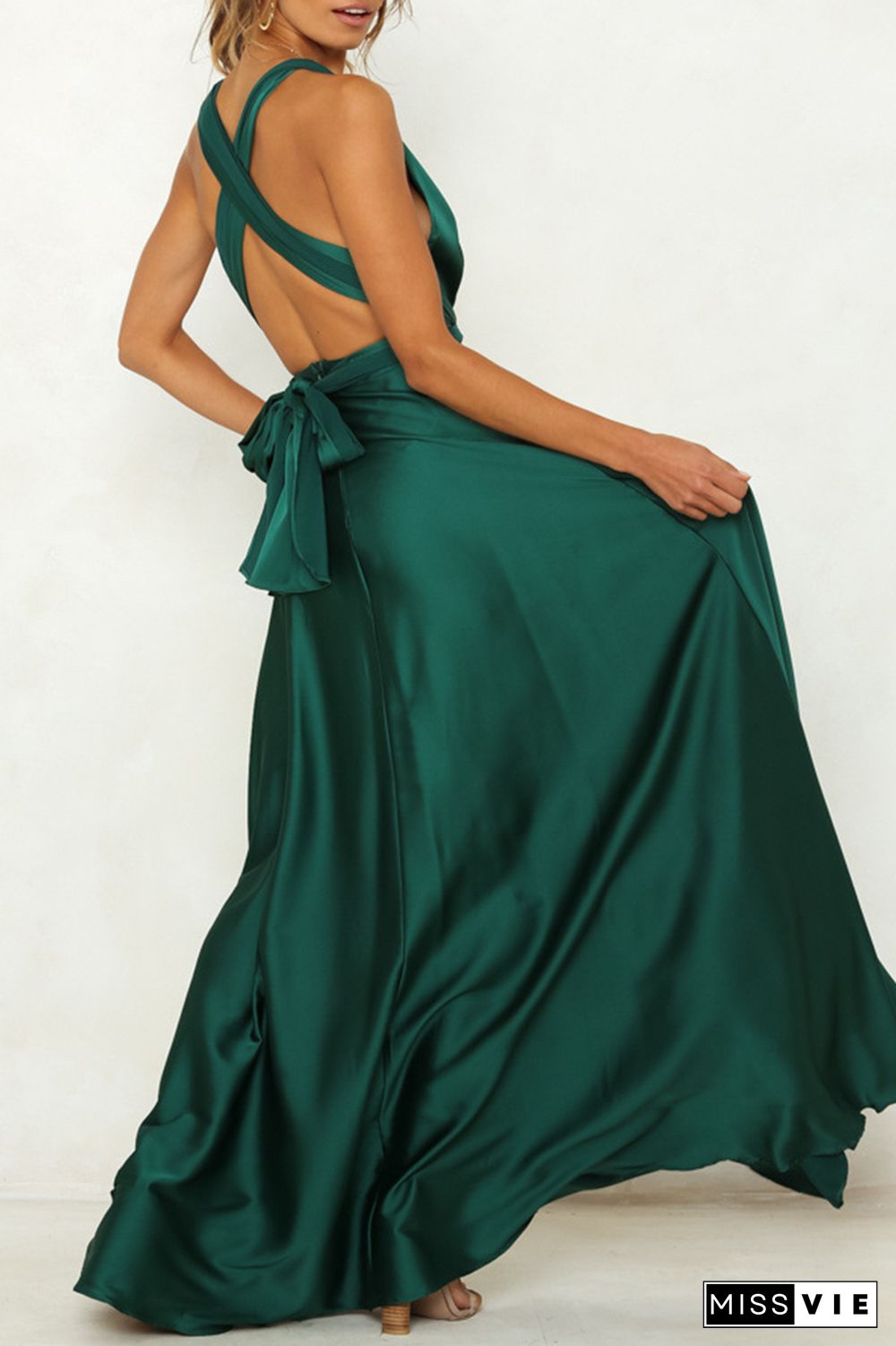 Celebrities Elegant Solid Backless Strap Design V Neck Evening Dress