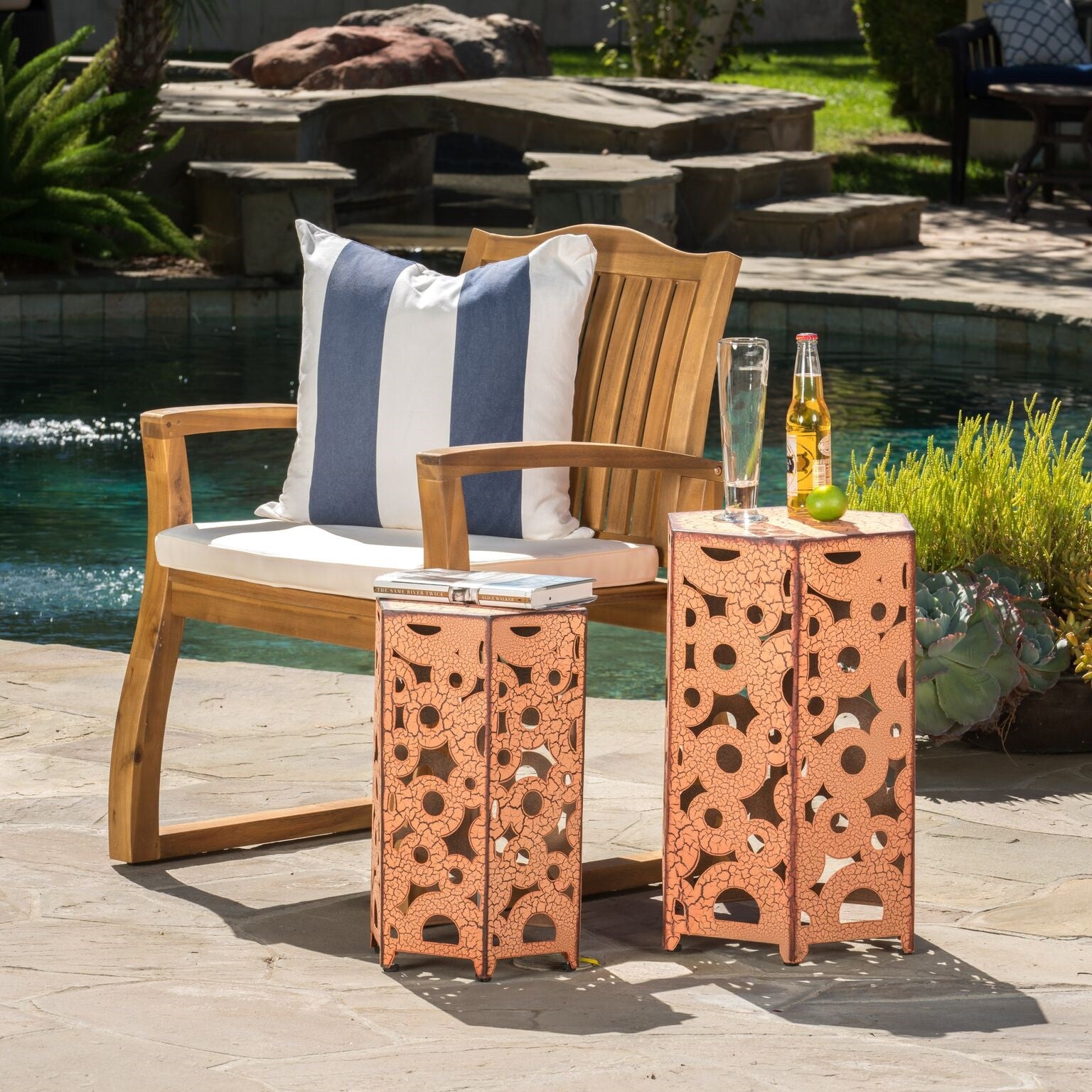 Contemporary Outdoor Hexagonal Antique Orange Iron Accent Tables (Set of 2)