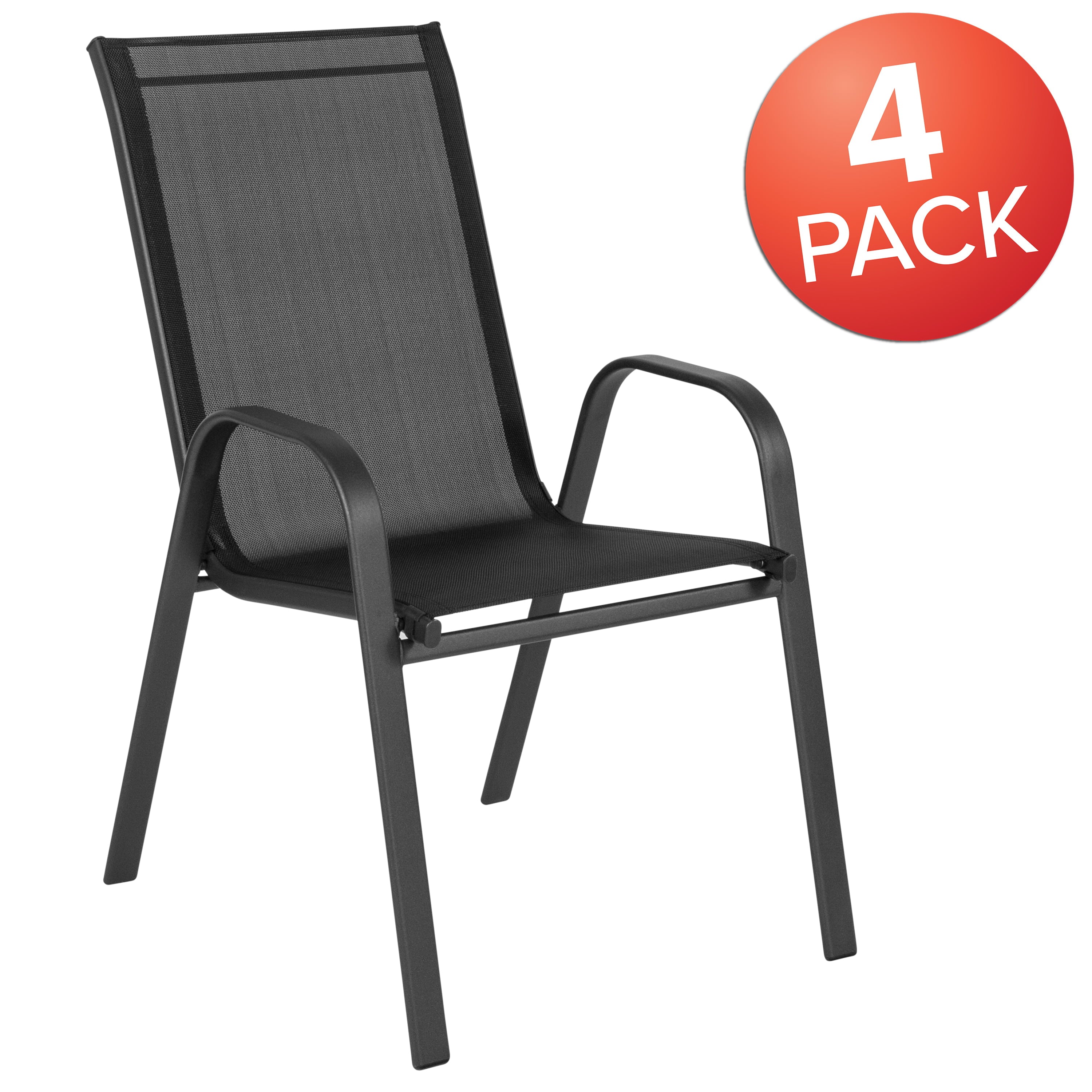 Flash Furniture 4 Pack Brazos Series Black Outdoor Stack Chair with Flex Comfort Material and Metal Frame