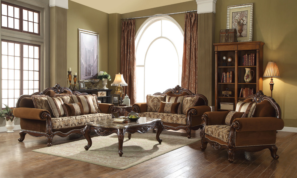 ACME Jardena Loveseat with 4 Pillows  Fabric and Cherry Oak   Victorian   Loveseats   by Acme Furniture  Houzz