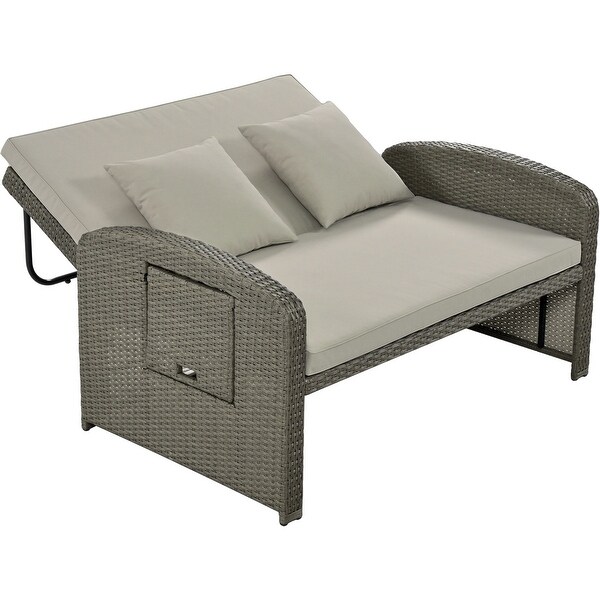 Modern Convertible Cushioned Sofa Bed Outdoor Rattan Wicker 2person Chaise Lounge with Adjustable Backrest and Holder Board