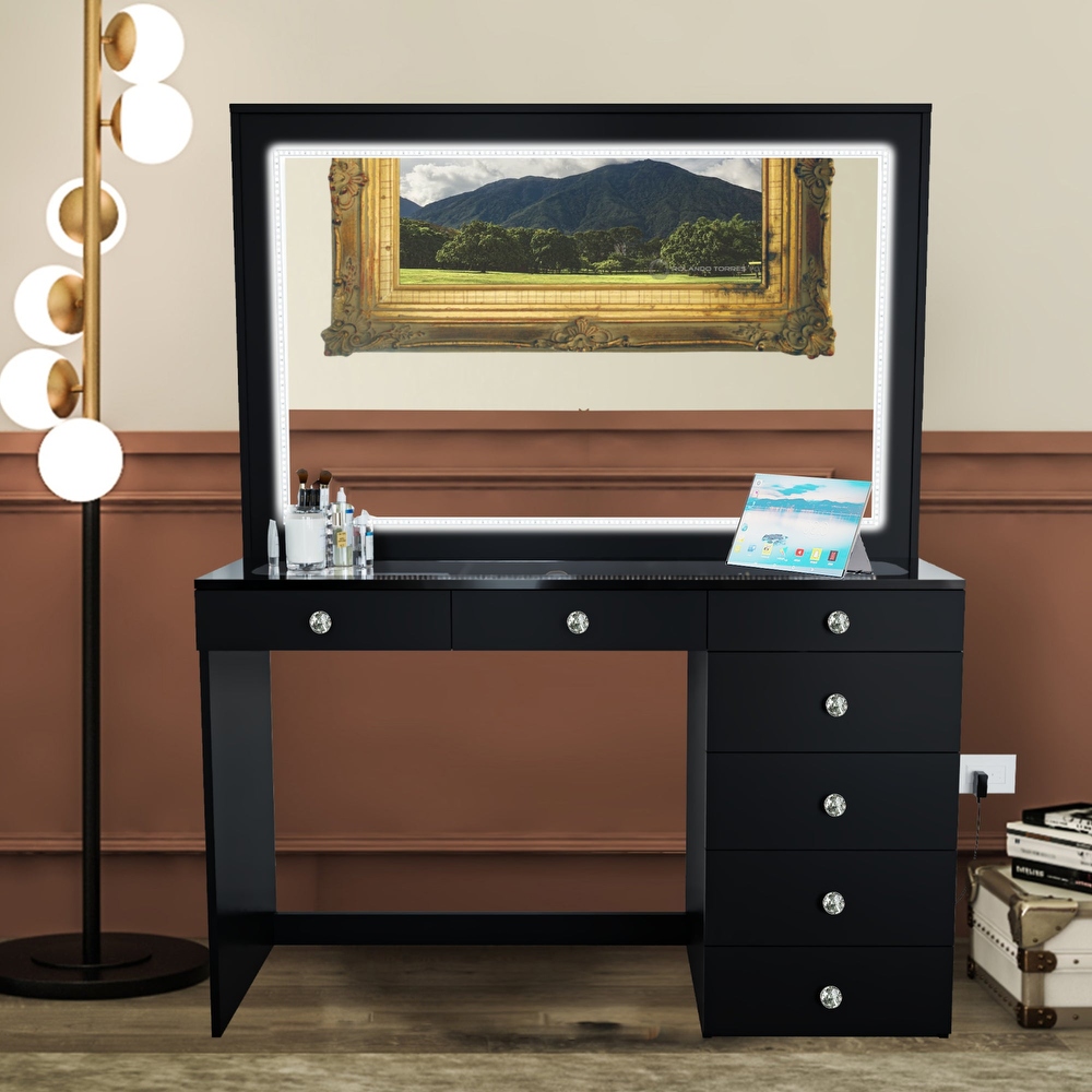 Boahaus Theia Modern Black Vanity Desk  7 Drawers