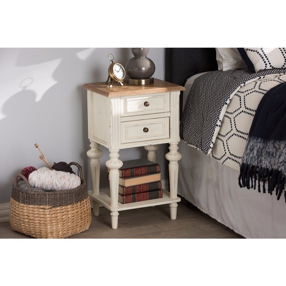 Baxton Studio Marquetterie French Provincial Weathered Oak and Distressed White Wash 2 Drawer Nightstand with Shelf