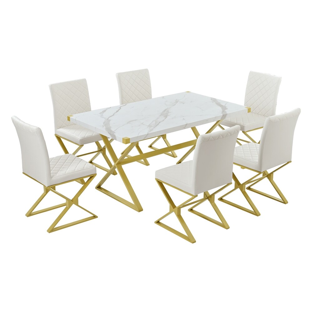 Modern 7 Piece Dining Set: Rectangular Faux Marble Table  PU Leather Chairs with Gold Steel Legs