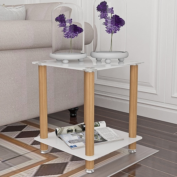 2-tiers Storage End Table Set of 2 Rectangle Side Table with Metal Tube Legs Sofa Table with Tempered Glass Tabletop