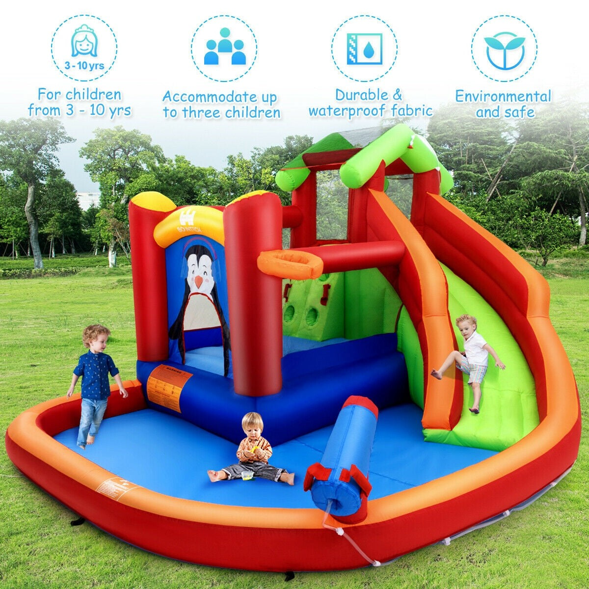 6 in 1 Jumping Bounce House w/ Climbing Wall & Water Slide for Outdoor Backyard