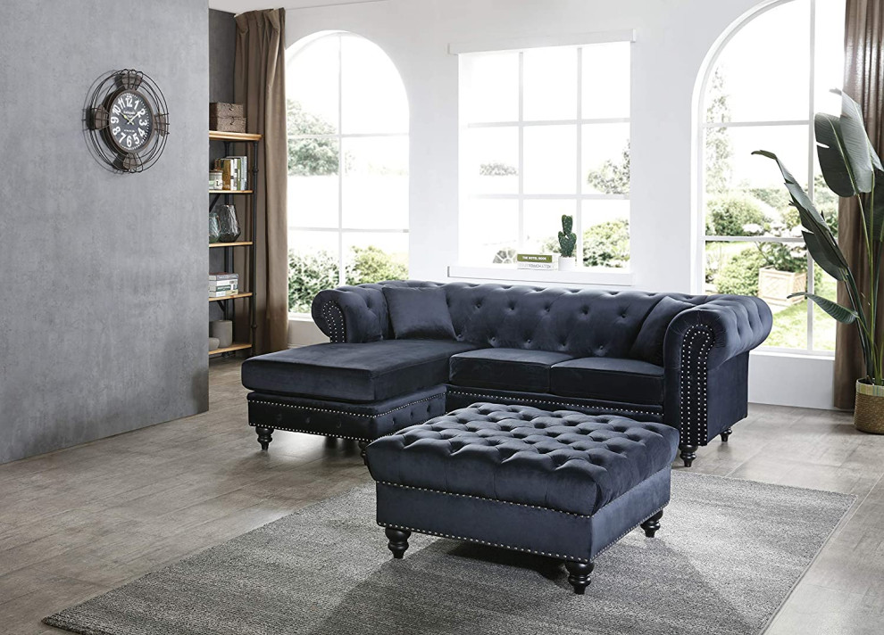 Midcentury Sectional Sofa  Velvet Seat With Tufted Back  ampRolled Arms   Traditional   Sectional Sofas   by Declusia  Houzz