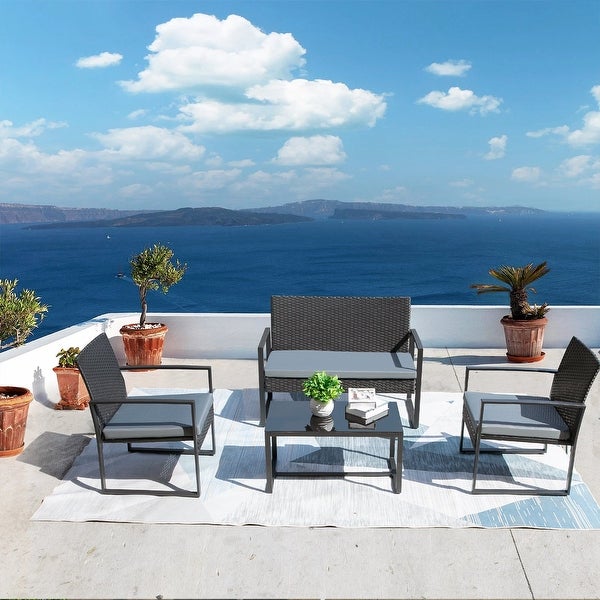 4 Pieces Patio Conversation Sets PE Rattan Chairs with Loveseat and Table - Overstock - 35765538