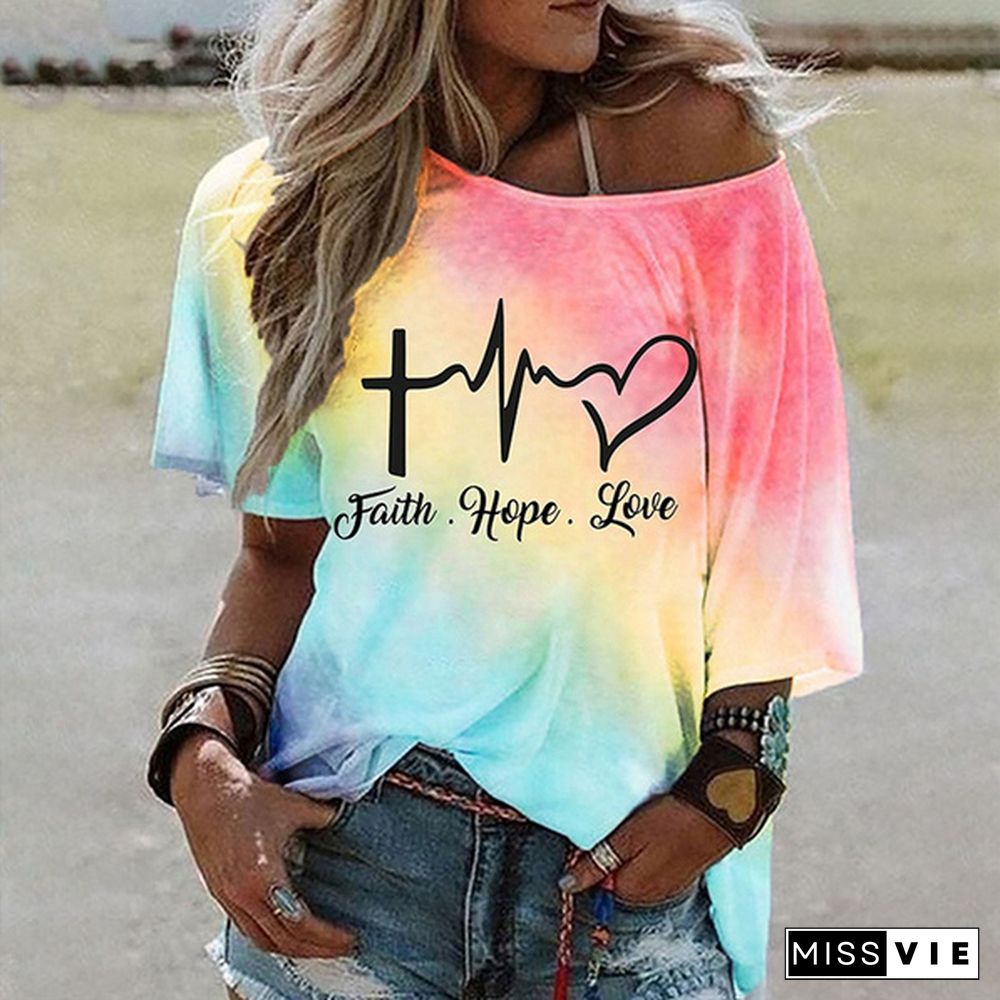 New Women's Summer Fashion Tie Dry Faith Hope Love Letter Printing T-shirts Ladies Short Sleeve Off Shoulder Loose Blouse Plus Size S-5XL