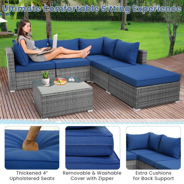 Costway 6pcs Patio Wicker Furniture Set Cushioned Sectional Sofa Coffee Table Navy Deck