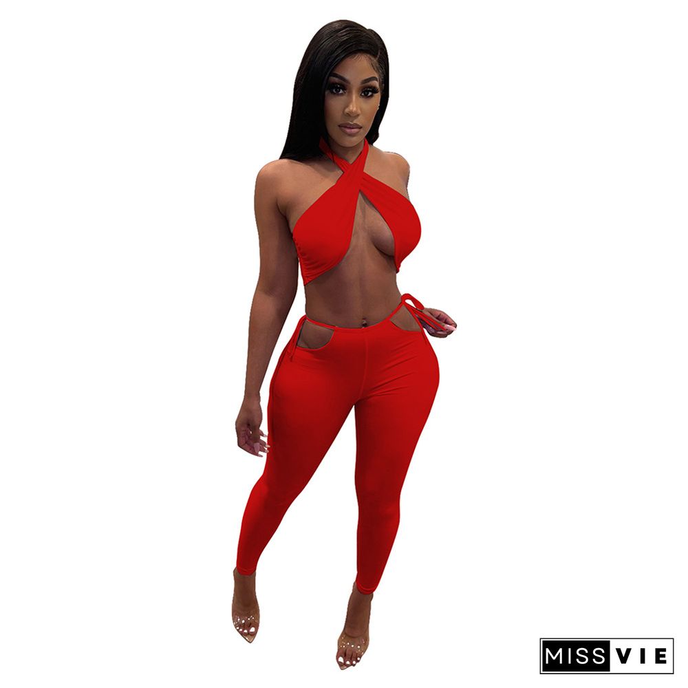 Bodycon Solid Color Wrap Top Pants Sexy 2 Piece Set